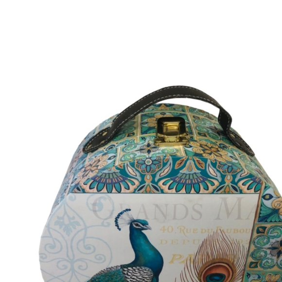 Peacock Themed Round Carry Case - Home Storage - Handle - Lined Interior - Picture 5 of 10